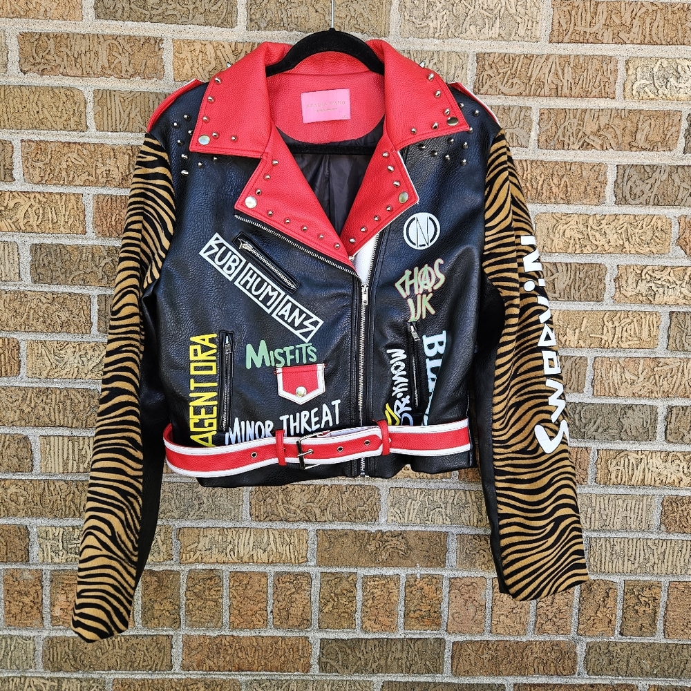 Azalea Wang Good Times Bad Times Womens Studded Moto Graffiti Jacket 2X